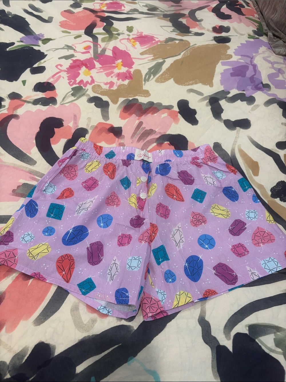 Women's Lavender Printed Bermuda Shorts with Multicolor Gem Motif